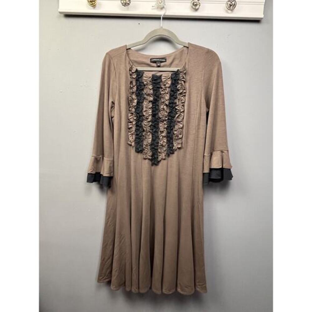 Chris McLaughlin Dress Womens 12 Ruffle‎ Taupe Blue Bell Sleeves Midi Career